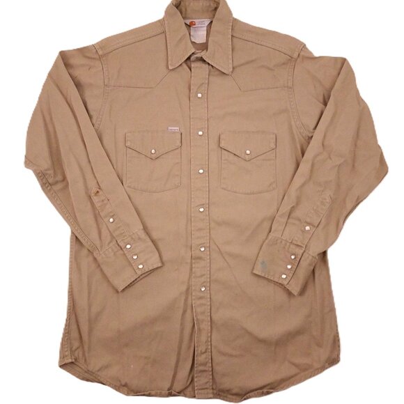 Vtg Carhartt Western Work Shirt Medium? 46" Chest USA Union Made Pearl Snap 80s - Picture 1 of 16